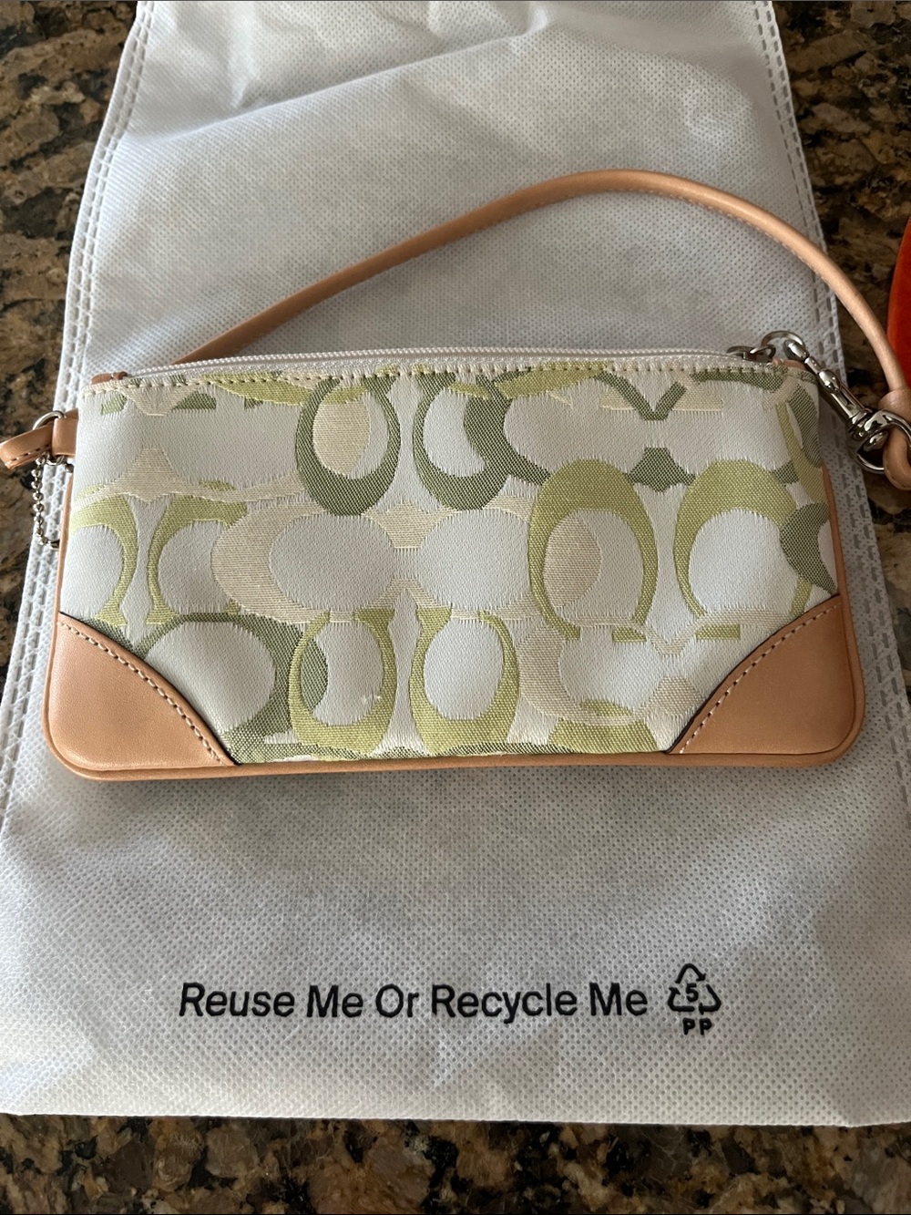 Coach Signature Wristlet in Light Green, Beige and Tan